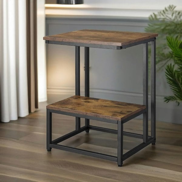 Rafaelo Mobilia Industrial Double Tier C Shaped Side Table Rustic Brown