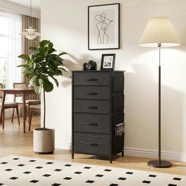 Chest of Drawers, Dresser with 5 Fabric Drawers, Tall Storage Unit with 4 Pockets and 2 Hooks, Steel Frame, Black