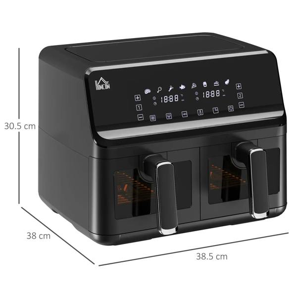 Black dual-basket air fryer oven with digital display, two baskets, and viewing windows
