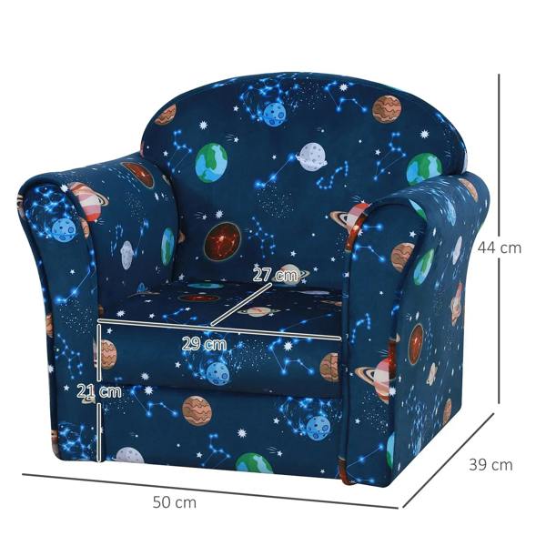 Blue space-themed kids armchair with front panel and size measurements