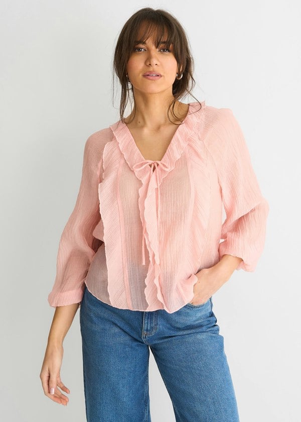 Gini London Long Sleeeves Tie Detail Ruffle Blouse