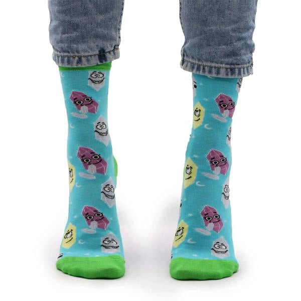 Hop Hare bamboo crew socks, turquoise with green toes and repeated gemstone face characters