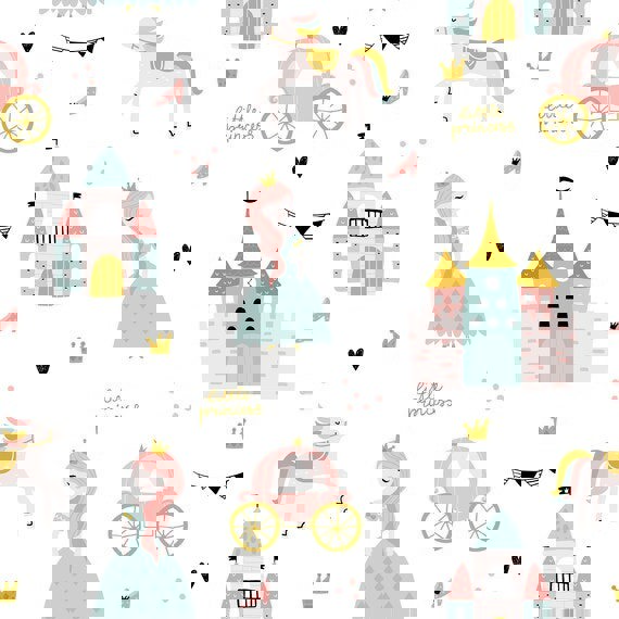 Pretty princesses, castles, carriages and horses in pale pinks, golds and mint greens, children's bedroom and nursery decor. Big Little Bedrooms. Free Shipping. 
