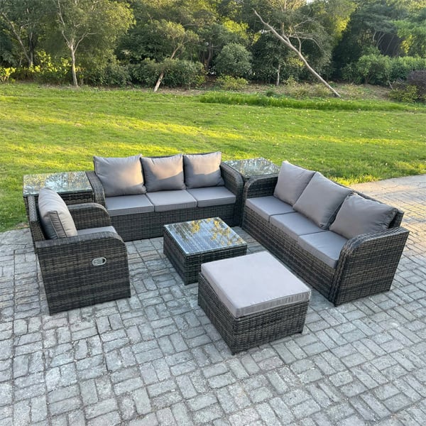 Fimous 8 Seater Rattan Garden Furniture Set with Coffee Table, 2 Sofas, Reclining Chair, 2 Side Tables & Large Footstool - Dark Grey