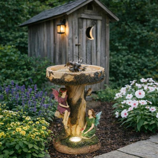 Gardenwize Solar Bird Bath – Fairy Garden Ornament with LED Light & Battery Backup