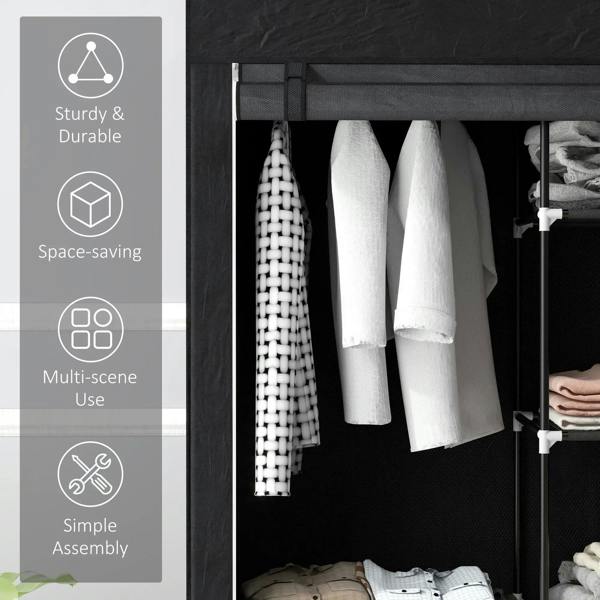 Black fabric wardrobe interior with hanging rail and shelves; sturdy metal frame.