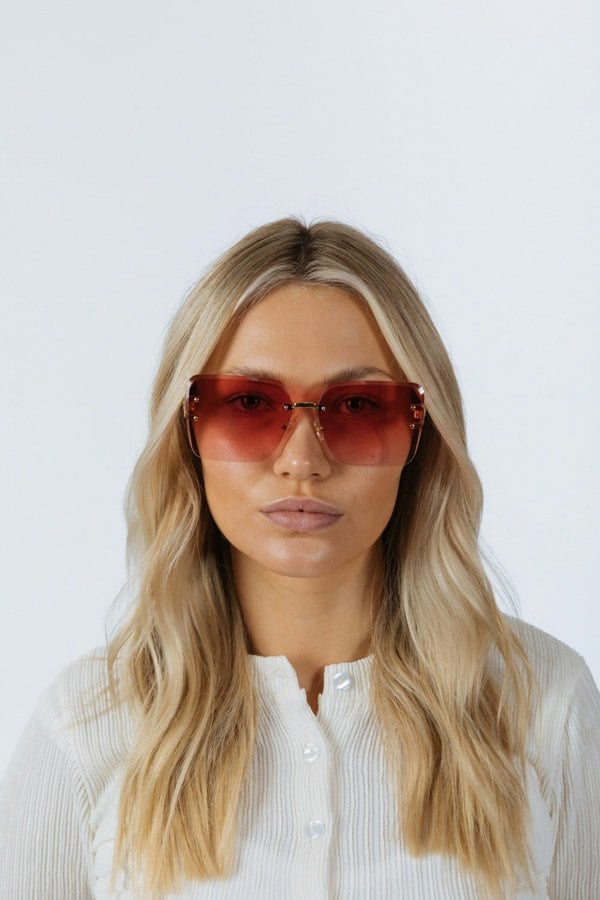 SVNX Rimless Oversized Square Sunglassses in Red Gold