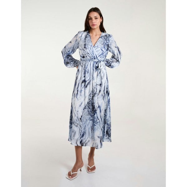 Blue Vanilla Watercolour Wrap Front Belted Midi Dress
