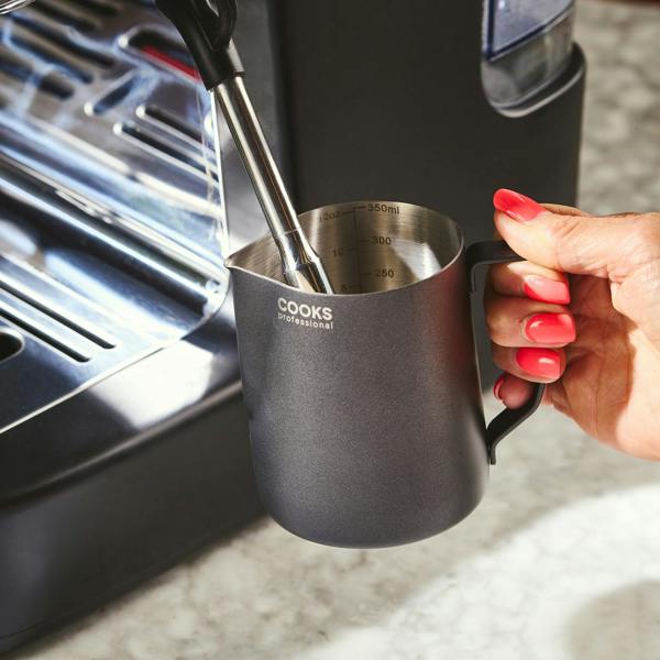 Cooks Professional Stainless Steel 350ml Milk Steaming Jug | Black | Latte Art Pen Included
