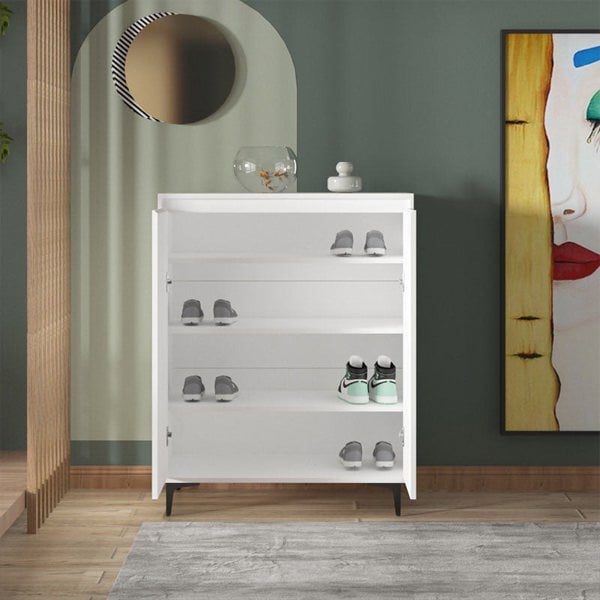 Cethy Wood Shoe Storage, White in a lifestyle setting with shoe storage options for small spaces