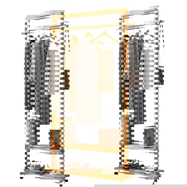 Modcraft Rolling Bamboo Clothes Rail with Shelf – Heavy Duty Wooden Garment Hanging Stand with Wheels