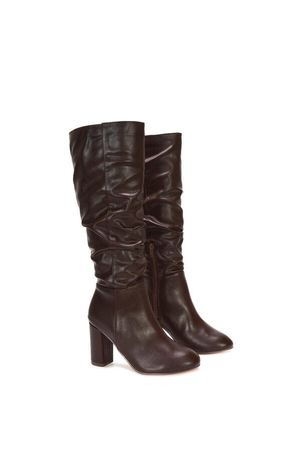 XY LONDON Ruched Zip-up Block Heeled Knee Calf Boots