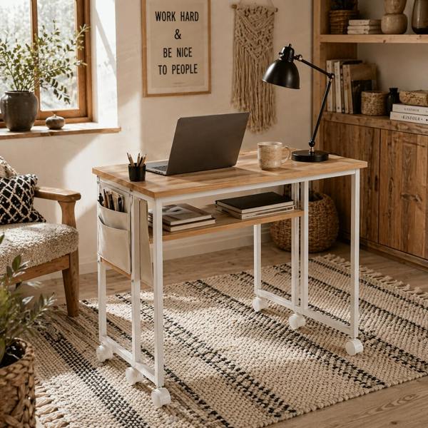 Wyld Haus Zika 80cm Wooden Natural Drop Leaf Writing Desk with Lockable Wheels