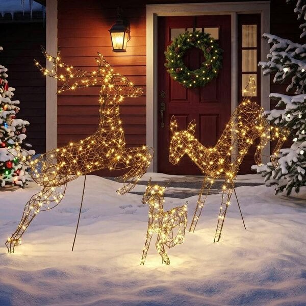 Bobobiy 3-Piece Light Up Deer Family Set of 3, Lighted Reindeer Christmas Decorations Outdoor with 200 LED Lights, Brown - Brown