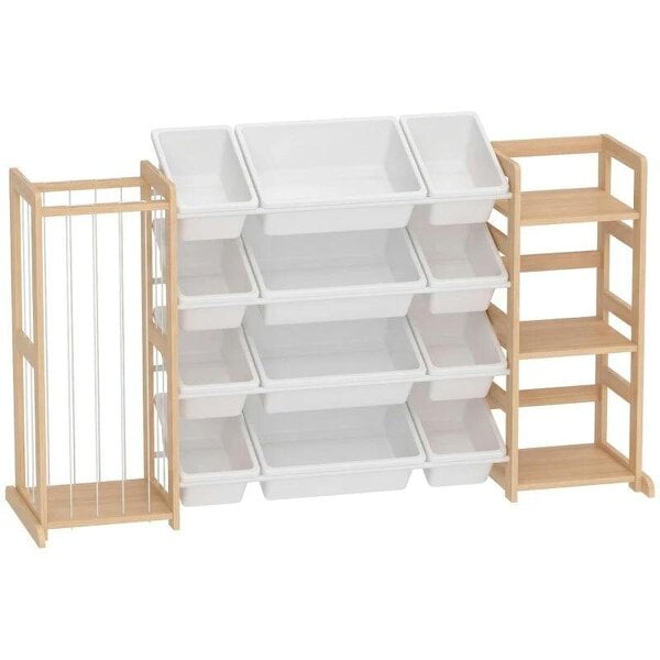 Bobobiy Wooden Toy Storage Unit with Stuffed Animal Storage, Bookshelf and 12 Bins for Kids Rooms, Bedroom, Playroom, Nursery