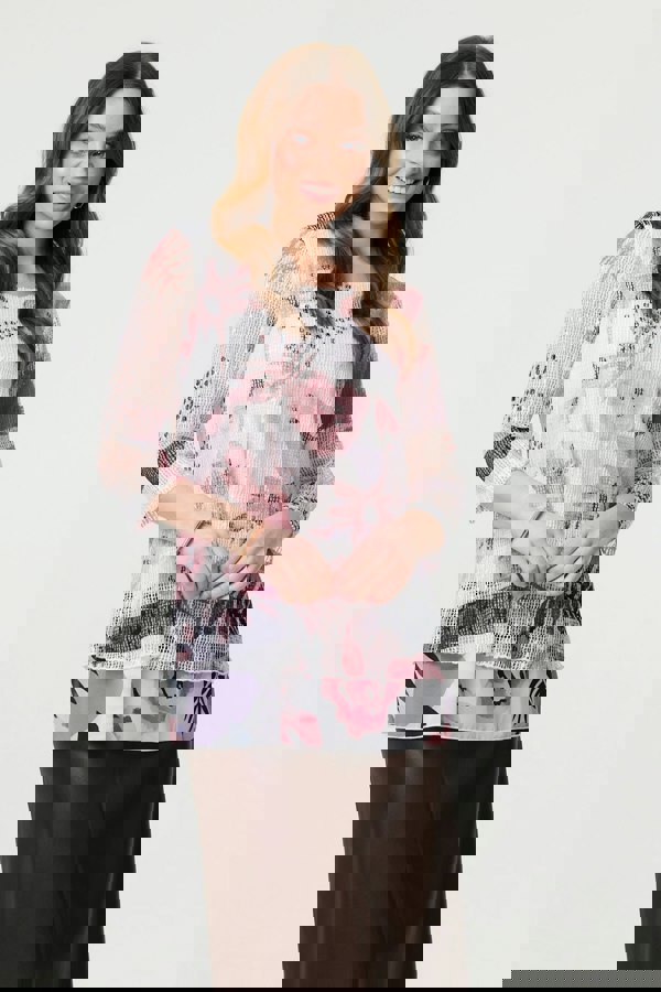 Pink | Abstract Print Mesh Layer 3/4 Sleeve Tunic
