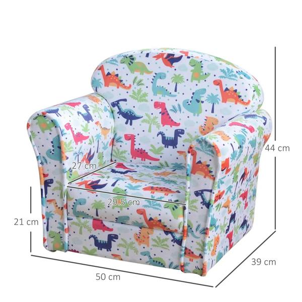Kids tub chair, colorful dinosaur print fabric, padded arms and seat, size view
