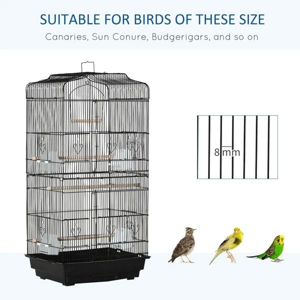 Large black metal bird cage with stand and perches, shown with small birds