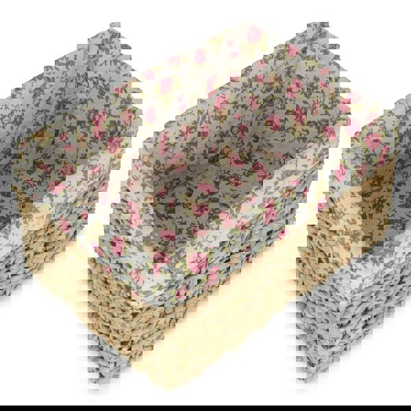 Small Thatch Grass Woven Storage Basket with Garden Rose Cotton Lining