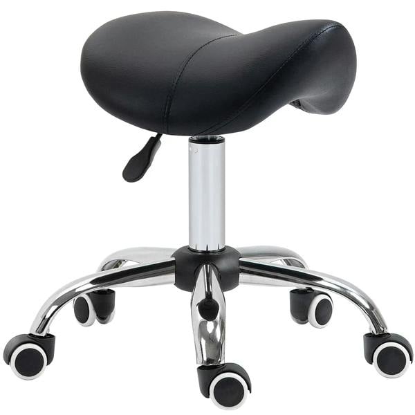 Black faux leather saddle cosmetic stool with rounded seat and swivel base