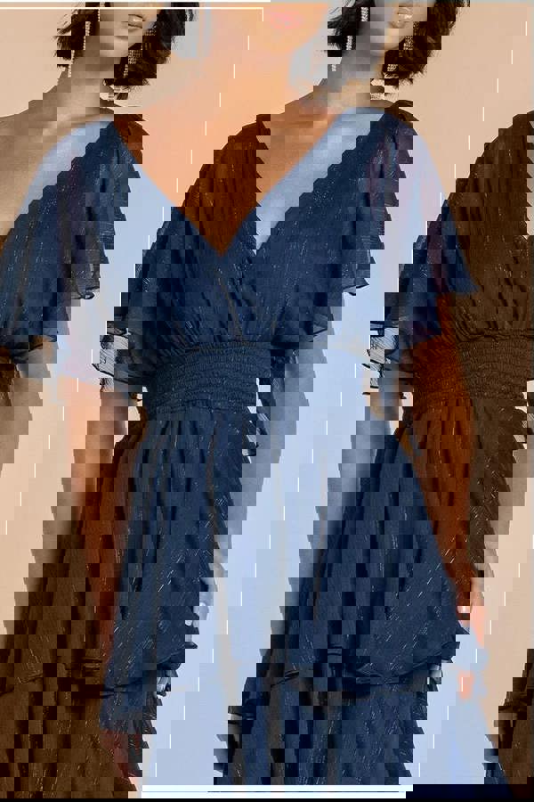 Chiffon Layered Flutter Sleeve Midi Dress - Navy DR3590QZ