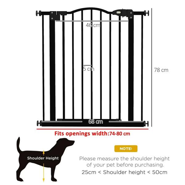 Black pet gate with vertical bars and arched top, size layout graphic for opening fit