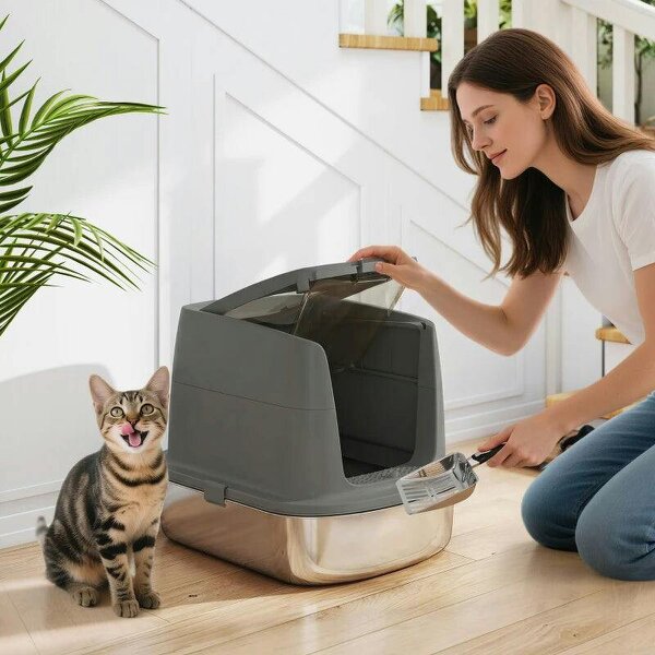 Large Stainless Steel Litter Box, Enclosed Metal Cat Litter Tray with Scoop, Deodoriser Bag, Front-Entry and Top-Exit - Dark Grey