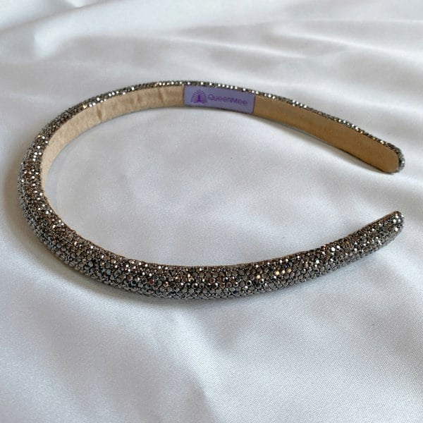 Grey hair band, slim style, gunmetal sparkly rhinestone detailing, shimmering finish, elegant lightweight accessory
