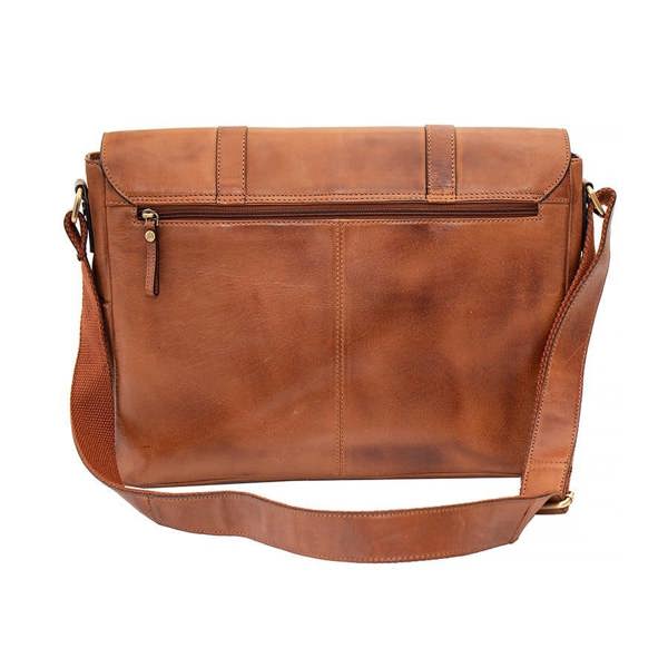 Back view of Brown leather messenger laptop bag with adjustable padded shoulder strap