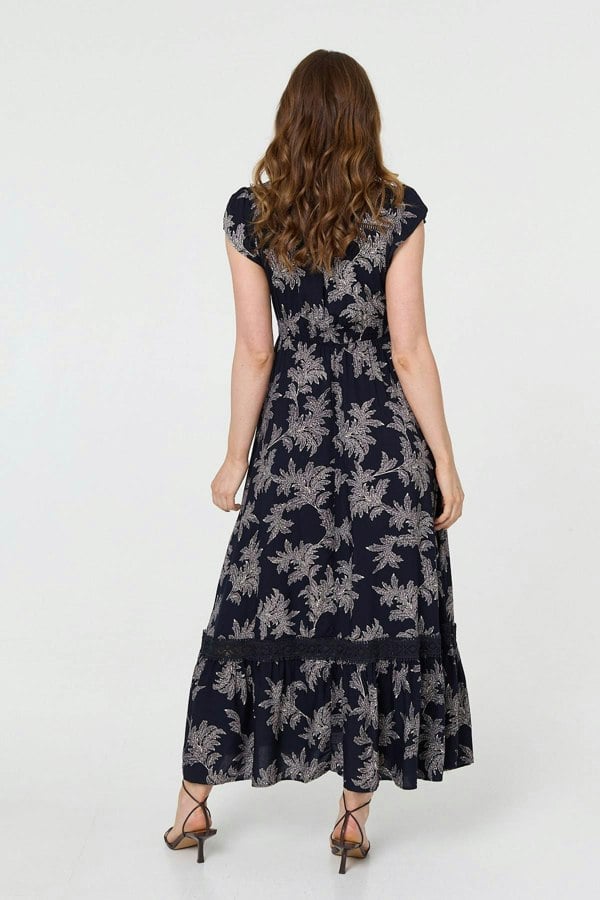 Navy | Leaf Print Shirred Lace Trim Maxi Dress