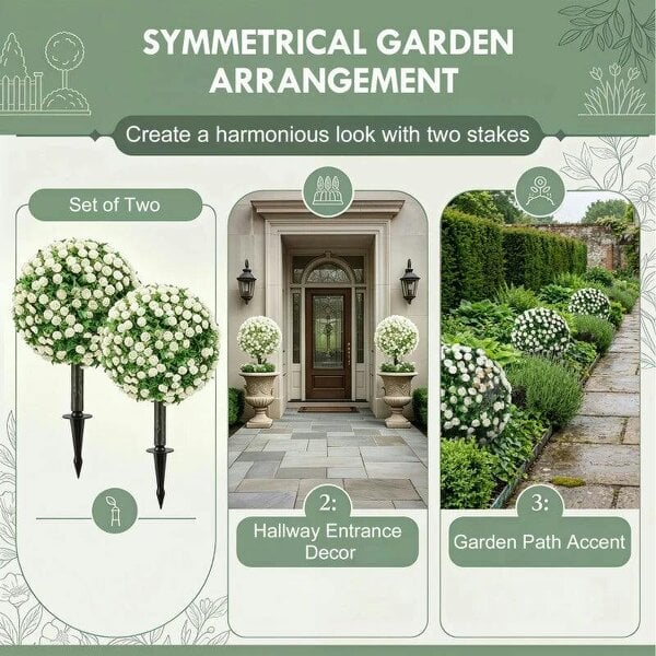 Artificial Rose Topiary UV Resistant, 2-Pack Fake Plants, 55 cm, White
