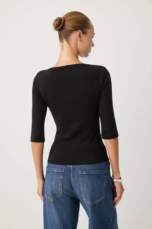 WOVCOR Fitted V Neck Button Front Ribbed Long Sleeve Blouse