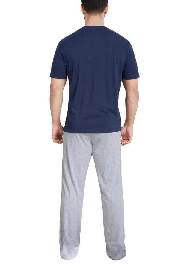 Smart Living Mens Polycotton Stripe Tee and Wide-Leg Bottom Pyjama Set - Navy/Grey