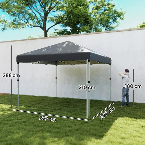 Dark grey pop-up gazebo with measurements visible on open lawn background