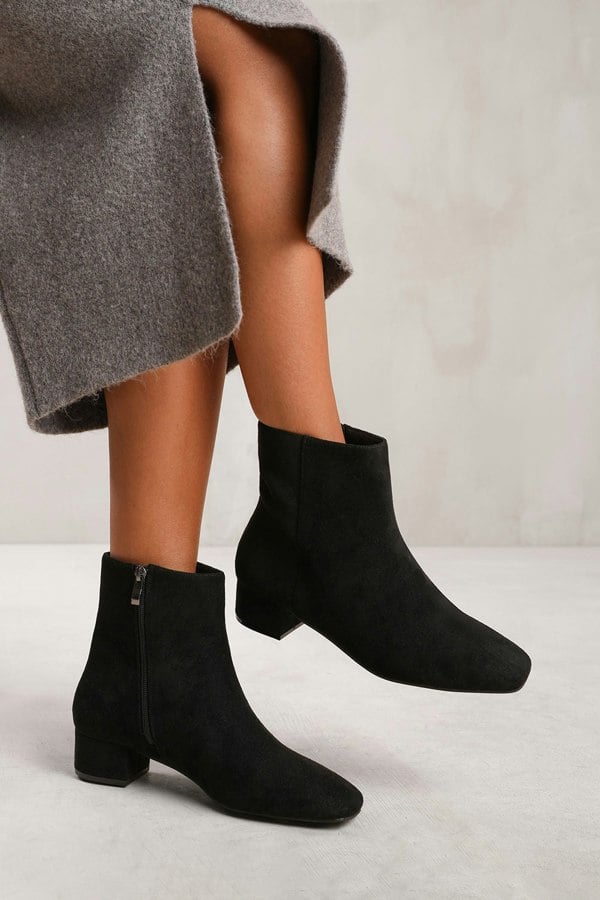 Where's That From Philadelphia Low Block Heel Ankle Boot With Side Zip in Black Suede