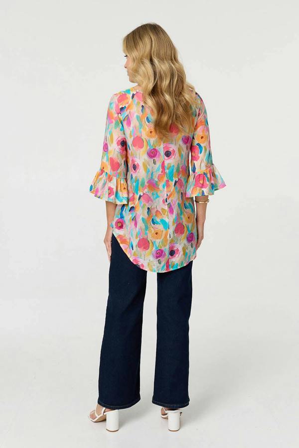 Pink | Abstract Floral 3/4 Flared Sleeve Blouse