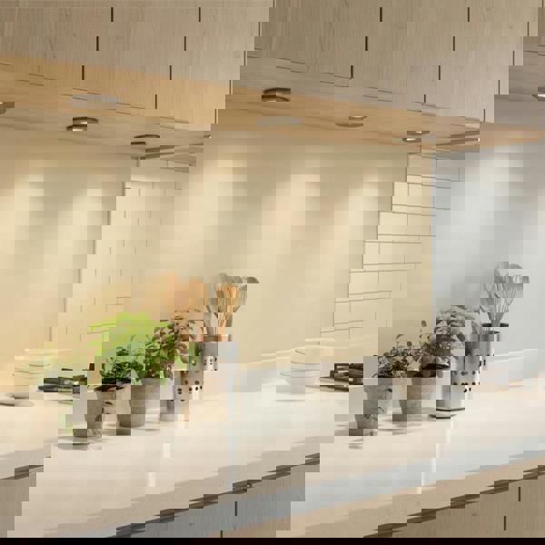 Mini ceiling spotlight under kitchen cabinets with plants and kitchen utensils