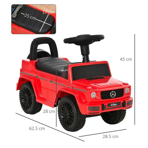 Red kids ride-on car with black seat and steering wheel, angled side view