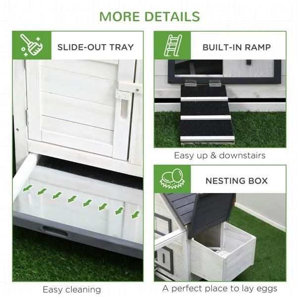 Chicken coop features: slide-out tray, built-in ramp, and nesting box