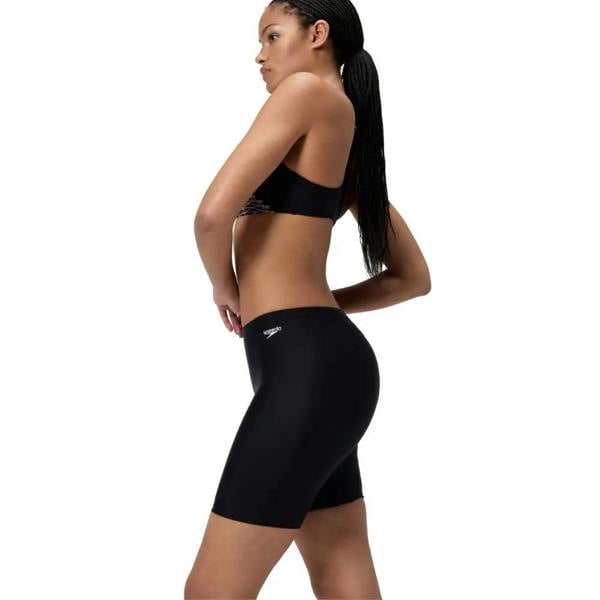 Black Speedo essential solid swim long shorts with high-waisted design