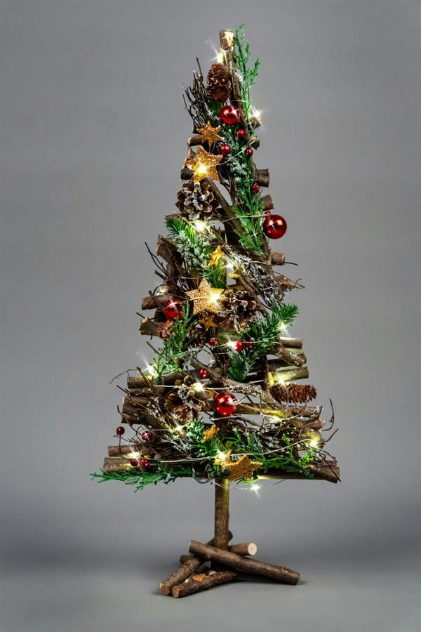 5cm Battery Operated LED Twig Wood Tree with Warm White Lights, Red Baubles and Rustic Festive Details image 1