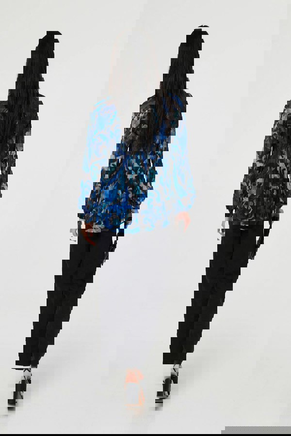 Blue | Printed Pleated Long Sleeve Tunic Blouse
