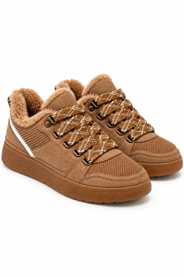 Love Lemonade Hudson Comfort Faux Suede Check Lace Faux Fur Lined Trainers Camel