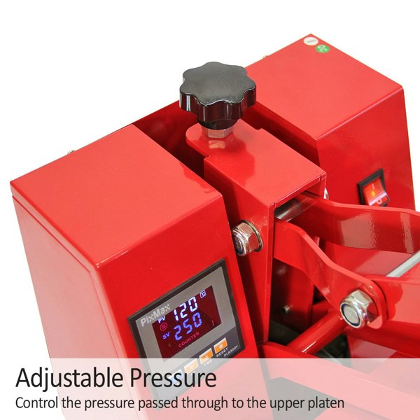 Red PixMax 38cm clam heat press with adjustable pressure knob and digital display for precise temperature control and easy use