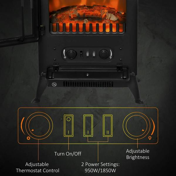 Black electric fireplace stove control panel with adjustable brightness and power settings