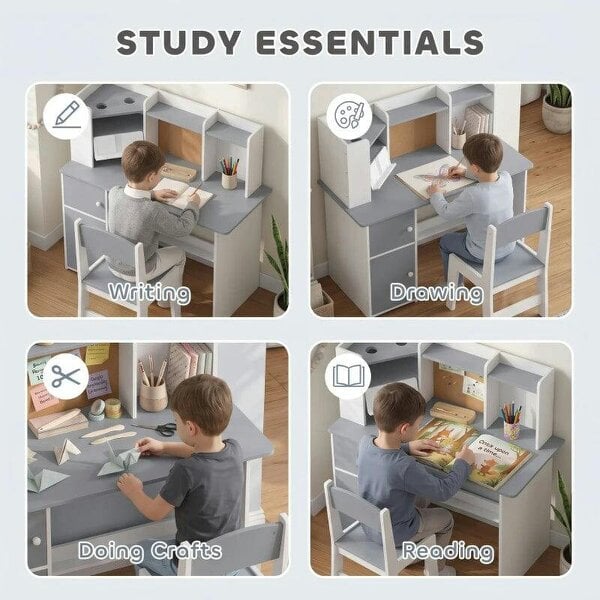 Kids Desk and Chair Set Storage Shelves Kids Desk Adjustable Tablet Stand Cork Board Pen Holder Grey