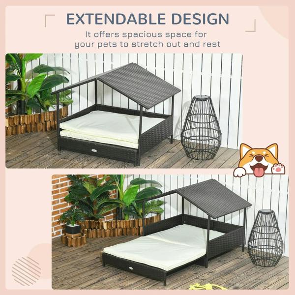 Extendable dark rattan-style dog bed with roof and removable cream cushion