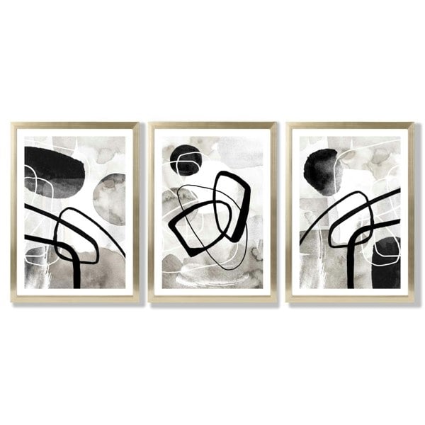 Artze Wall Art Set of 3 Abstract Black Grey Watercolour Framed Wall Art
