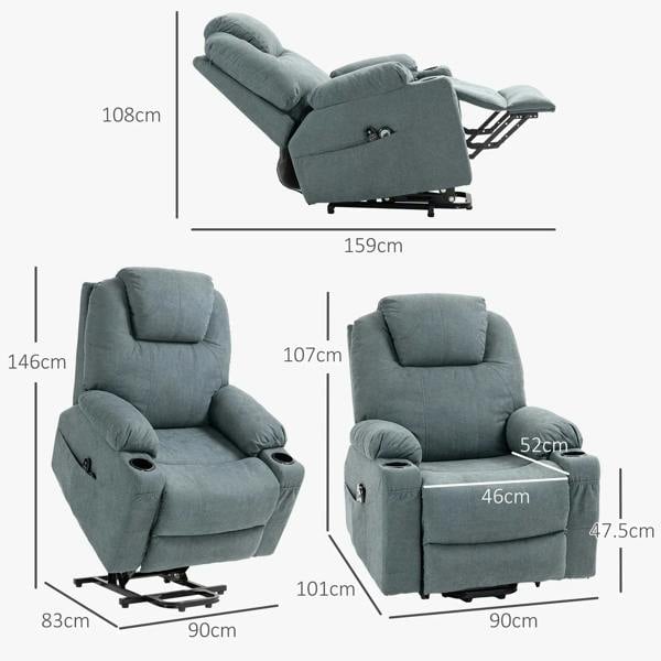 Charcoal grey lift-and-recline massage armchair shown in multiple recline angles.