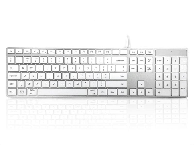 Accuratus 301 Apple MAC USB Type C - USB Type C Wired Full Size Apple Mac Multimedia Keyboard with White Square Tactile Keys and Silver Case